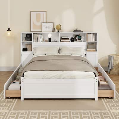 White Wooden Storage Bed with Tall Extended Bookcase Headboard, 6 Drawers and Charging Station, No Box Spring Needed, Twin