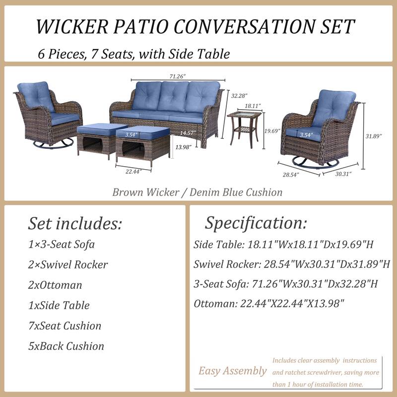 6 Piece Outdoor Wicker Patio Conversation Sofa Sets with Swivel Chairs