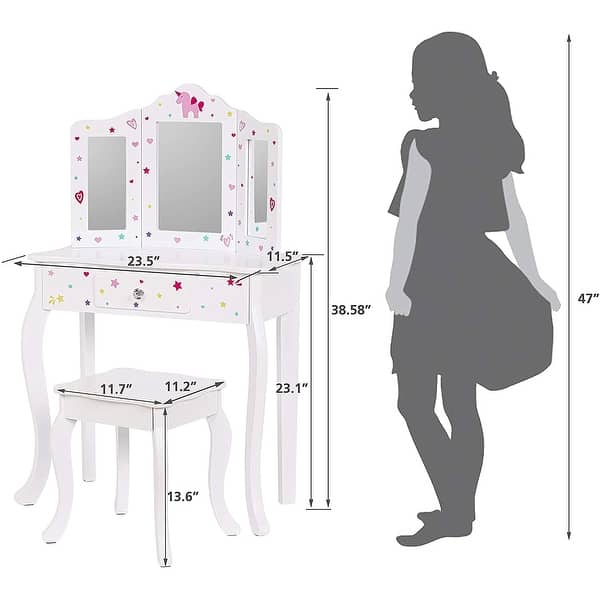 dimension image slide 0 of 2, UTEX Pretend Play Kids Vanity Table and Chair Vanity Set with Mirror Makeup Dressing Table with Drawer,Play Vanity Set