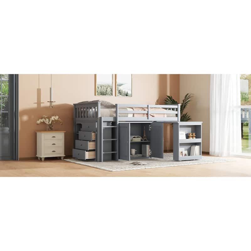Roomfitters Twin Loft Bed with Storage Cabinet, Pull-Out Desk & Shelving, Rubber Wood Bed with Safety Guardrail & Ladder, Grey