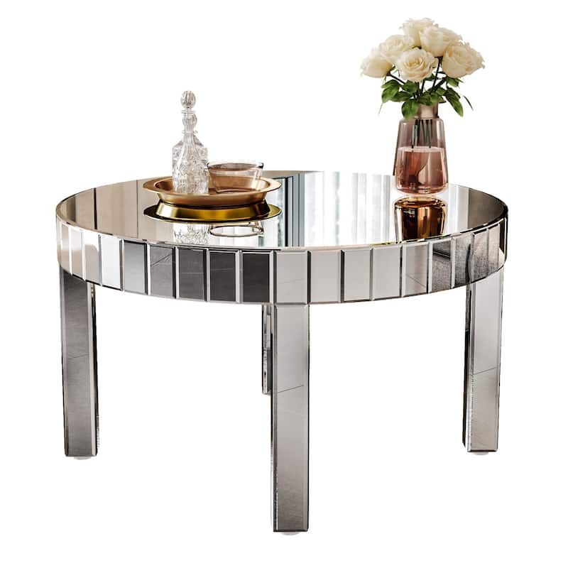 Roomfitters 31.5" Round Mirrored Coffee Table, Fluted Silver Center Table for Living Room, Reflective Glass