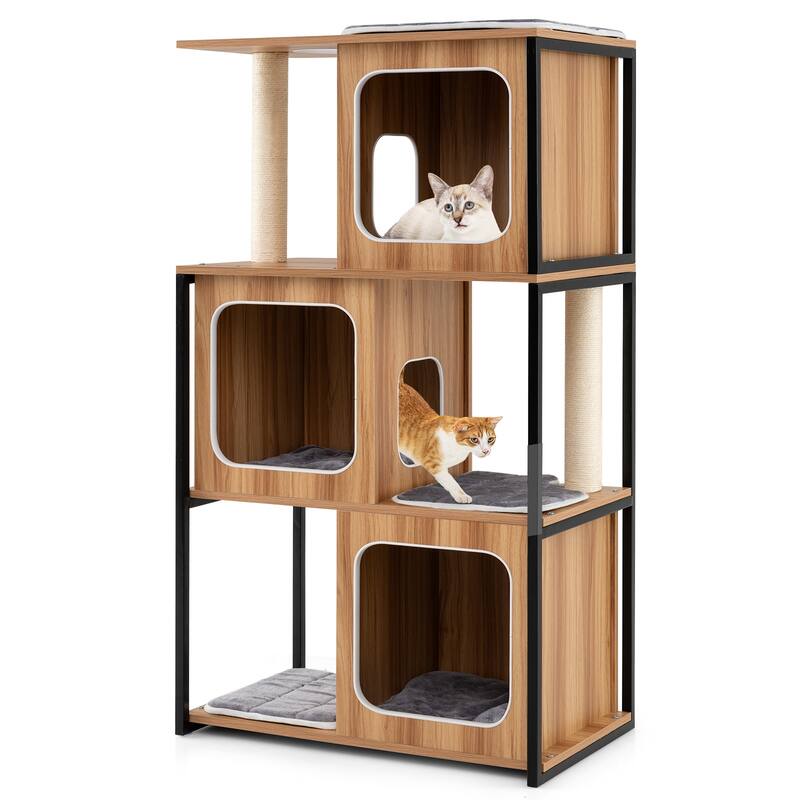 Natural Gray Black Multi-Level Cat Tree Sisal Plush with Condos