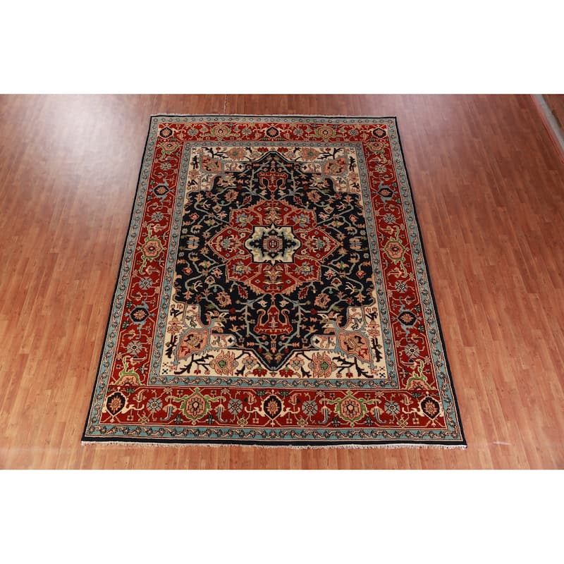 Hand Knotted Oriental 100% Wool Carpet Traditional All-Over Navy Blue & Blues Heriz (serapi) Area Rug - 12' 0'' X 9' 1''