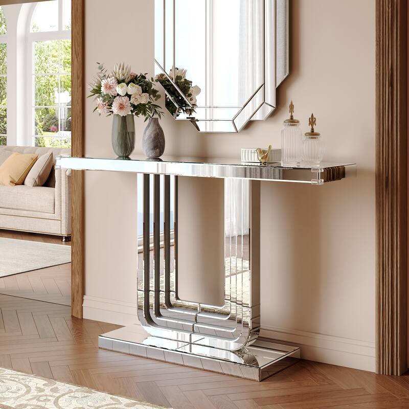 GDF Studio - Modern Silver Mirrored Console Table with U-Shaped Base