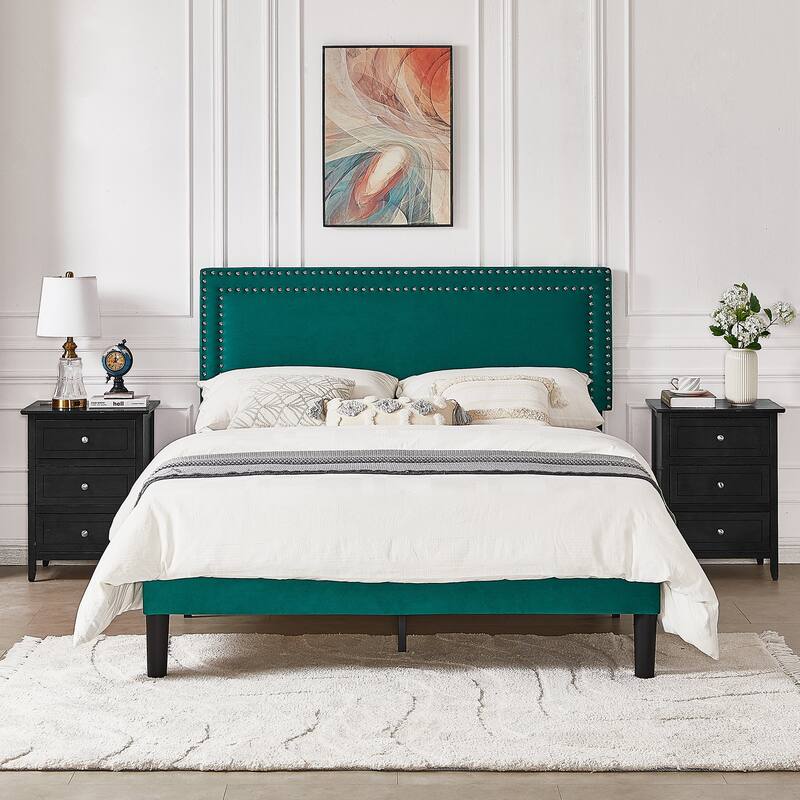 Upholstered Platform Bed Frame with Adjustable Headboard, Velvet Nailhead Trim, No Box Spring Needed - Green - Queen