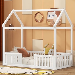 Twin Size Wooden House-Themed Bed with Playful Roof and Guardrail Design, Includes Fence with Door