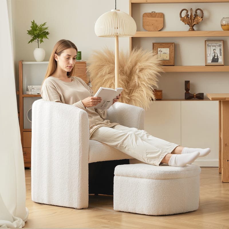 RENEWLINE Sherpa Barrel Chair & Storage Ottoman Set - Plush Compact Accent for Reading Nooks, Cloud-Like Lounge Seat