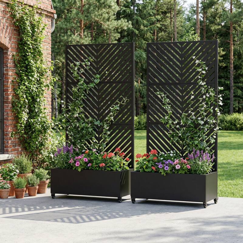 Outdoor Planters Metal Planter Box with Trellis with Wheels(Set of 2)