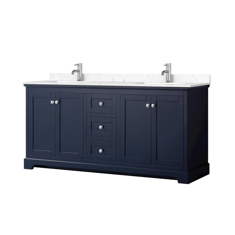 Wyndham Collection Avery 72" Free Standing Double Basin Vanity Set - Dark Blue / Carrara Cultured Marble Top / Polished