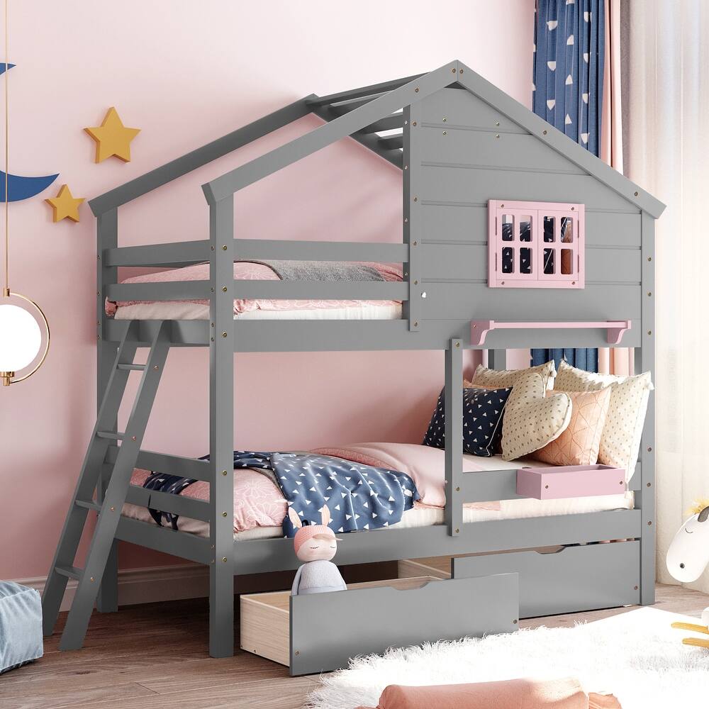 Bunk Bed with 2 Drawers, 1 Storage Box, 1 Shelf, Window and Roof