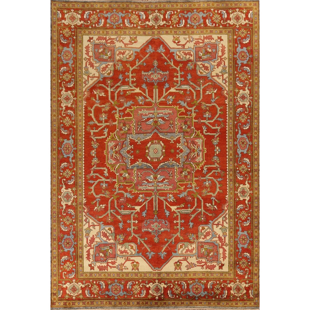 Medallion Heriz Serapi Area Rug Handmade Orange Wool Carpet - 8'11" x 11'10"