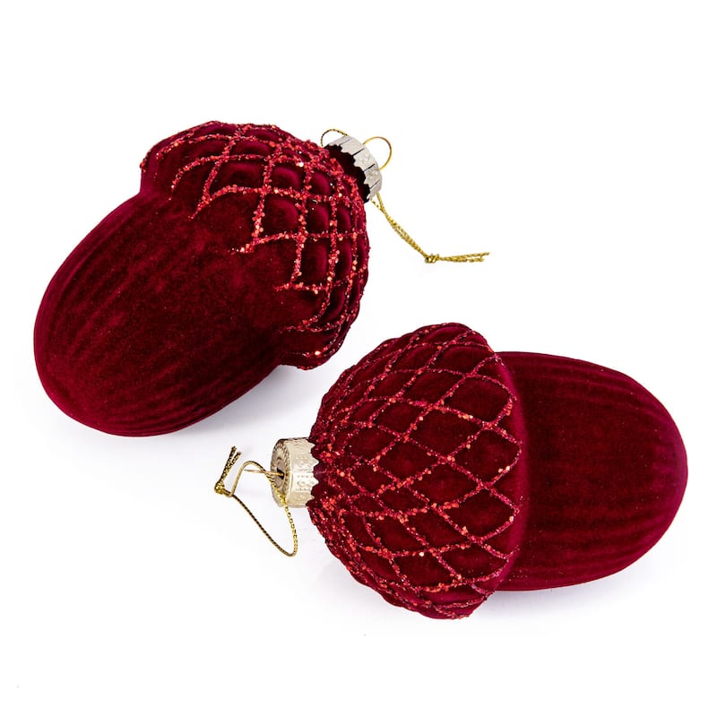 Red Velvet Acorn Glass Christmas Tree Ornament Set of 2 - 2.9 х 4.25"