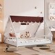 preview thumbnail 1 of 16, White and Brown Full Size Wooden Tent Bed with Fabric, Platform with Fence and Roof Brown - Full