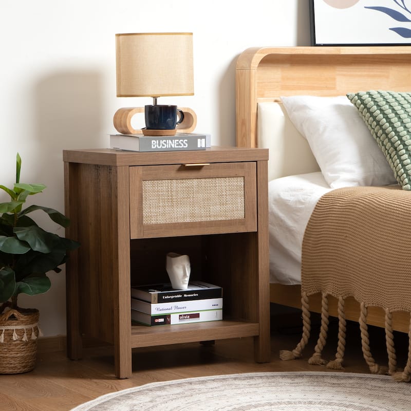 SICOTAS Farmhouse Rattan Nightstand with Drawer and Storage Shelf