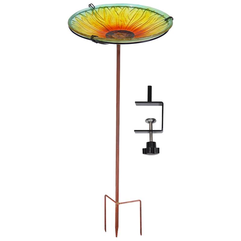 Deck-Mounted Glass Bird Bath with Stake - Yellow