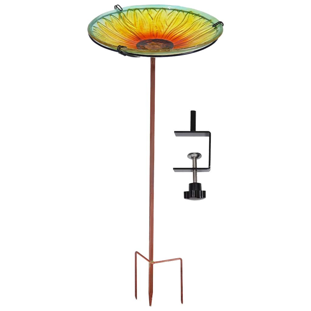 Deck-Mounted Glass Bird Bath with Stake