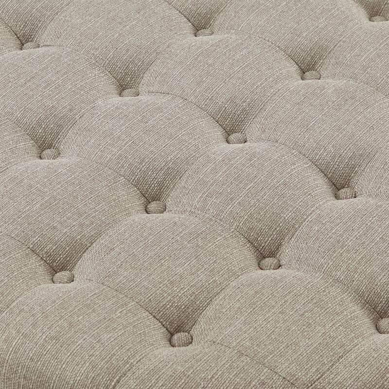 Large Round Tufted Linen Ottoman Coffee Table with Wood Shelf Storage - Linen Beige