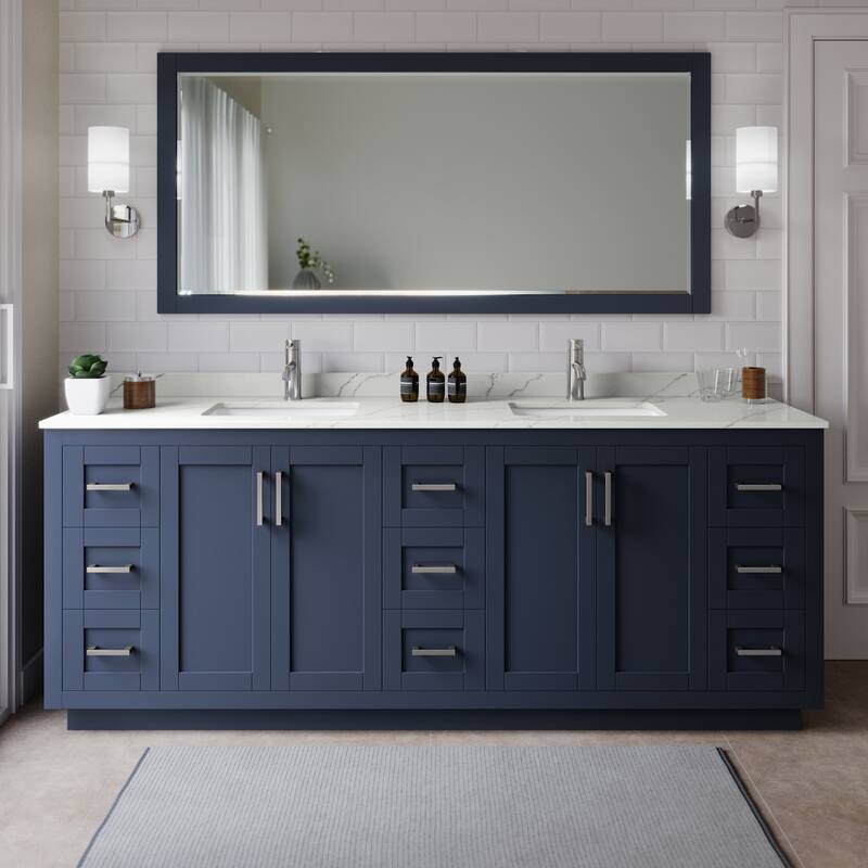 Wyndham Collection WCF292984D-QTZ-UNSM70 Miranda 84" Free Standing - Dark Blue / Giotto Quartz Top / Brushed Nickel
