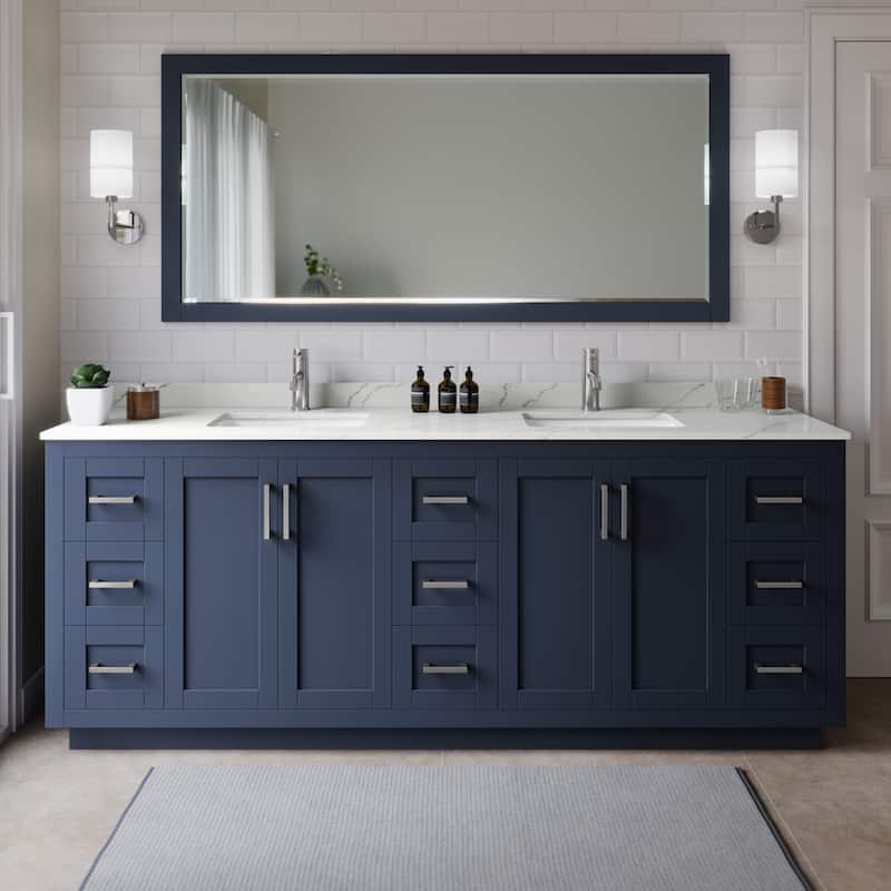 Wyndham Collection WCF292984D-QTZ-UNSMXX Miranda 84" Free Standing - Dark Blue / Giotto Quartz Top / Brushed Nickel