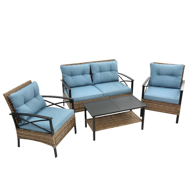 Outdoor Patio Furniture Set, 4 Piece Wicker Outdoor Conversation Set, Corner Sofa Set with Cushion and Side Table