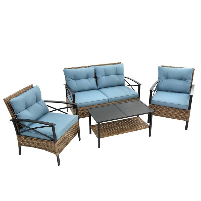Patio 4 piece sectional low dining conversation sofa set- KD rattan wicker outdoor garden furniture corner sofa set with cushion