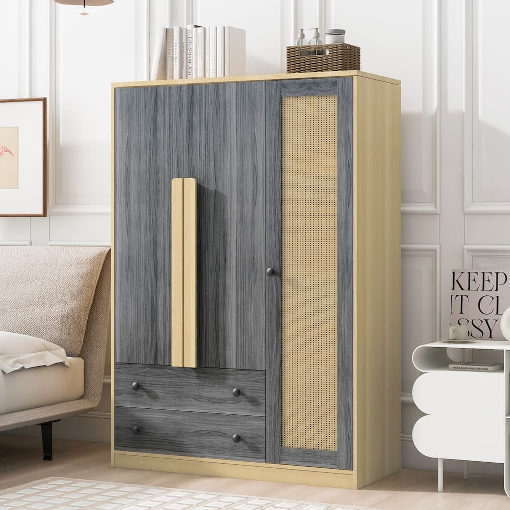Wooden Wardrobe for Bedroom 3 Door Armoire Closet with Rattan Doors and Drawers Double Color Armoire Storage Cabinet