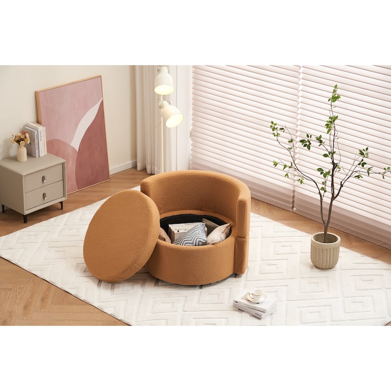 Swivel and Storage Chair, Teddy Fabric Barrel Chair with Pillows