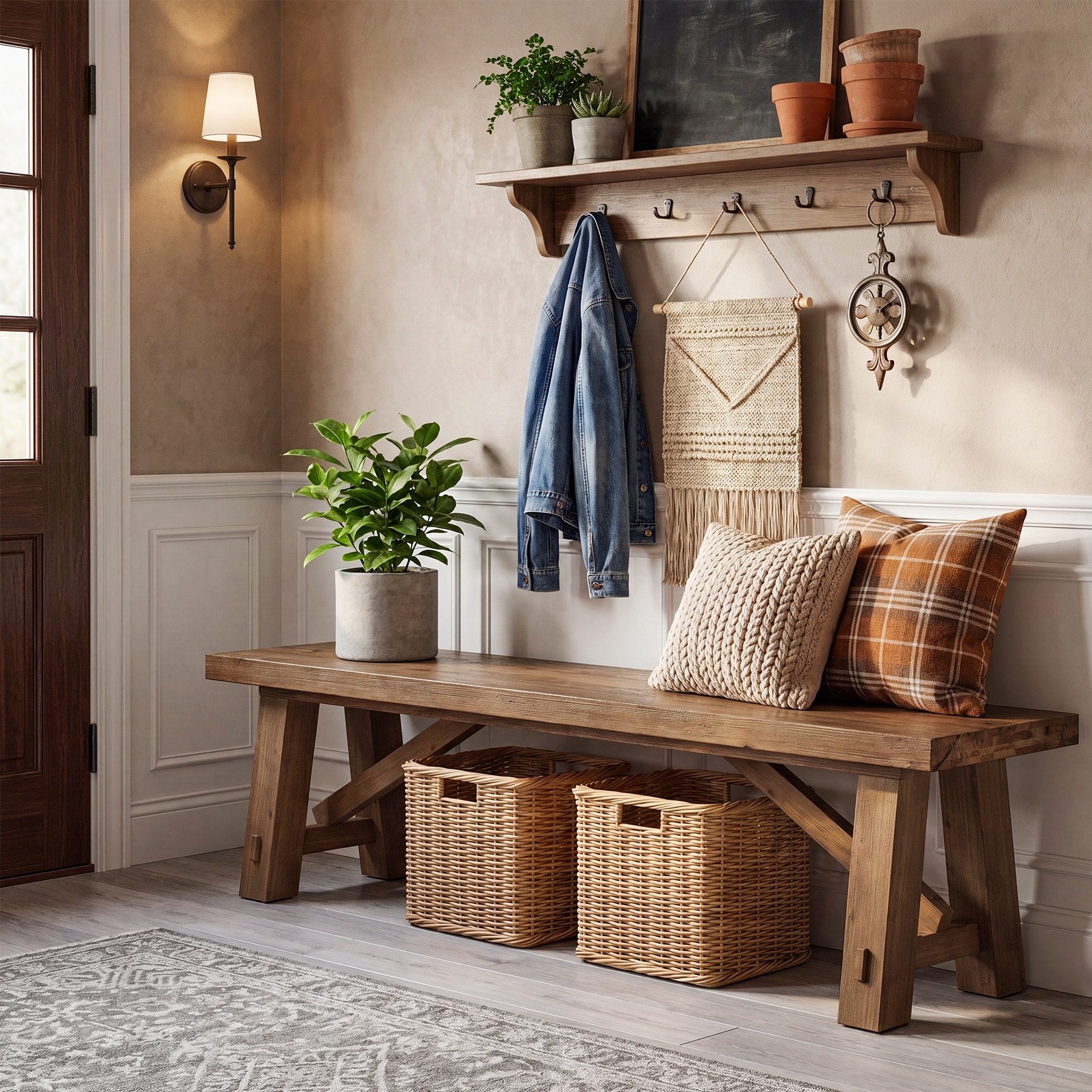 70.9 Inch Solid Wood Entryway Bench, Rustic Brown Shoe Bench - 70.87" W × 14.17" D × 17.72" H