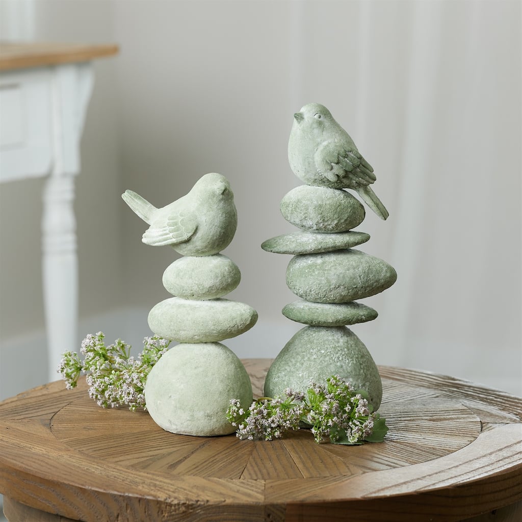 Bird on Rocks Figurine Decorations - 10.5" - Green and Gray - Set of 4