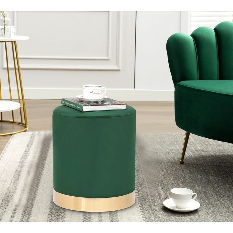 Adeco Round Ottoman Footstool Velvet Padded Vanity Stool Gold Trim