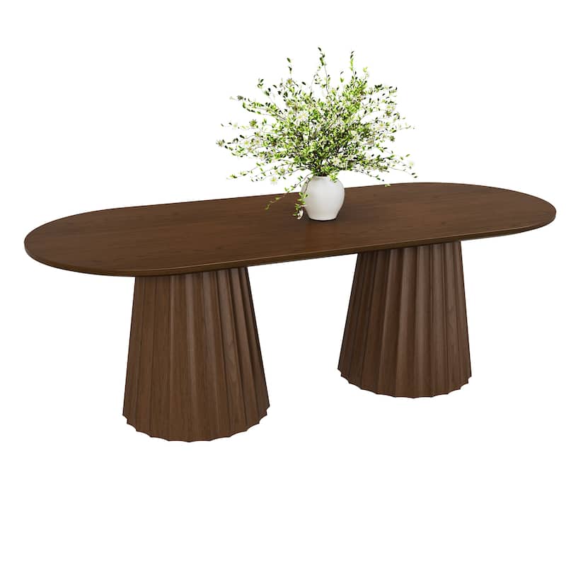 86" Modern Oval Dining Table Set with 8 Upholstered Chairs Textured Wood Top & Dual Pleated Pedestal Base