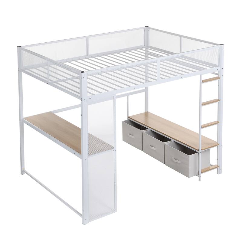 Full Size Metal Loft Bed with LED, Desk, Wardrobe, and Storage Drawers, White