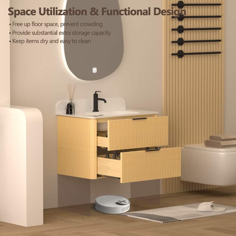 36" Floating Bathroom Vanity with Integrated countertop Rectangulare Sink Solid Wood