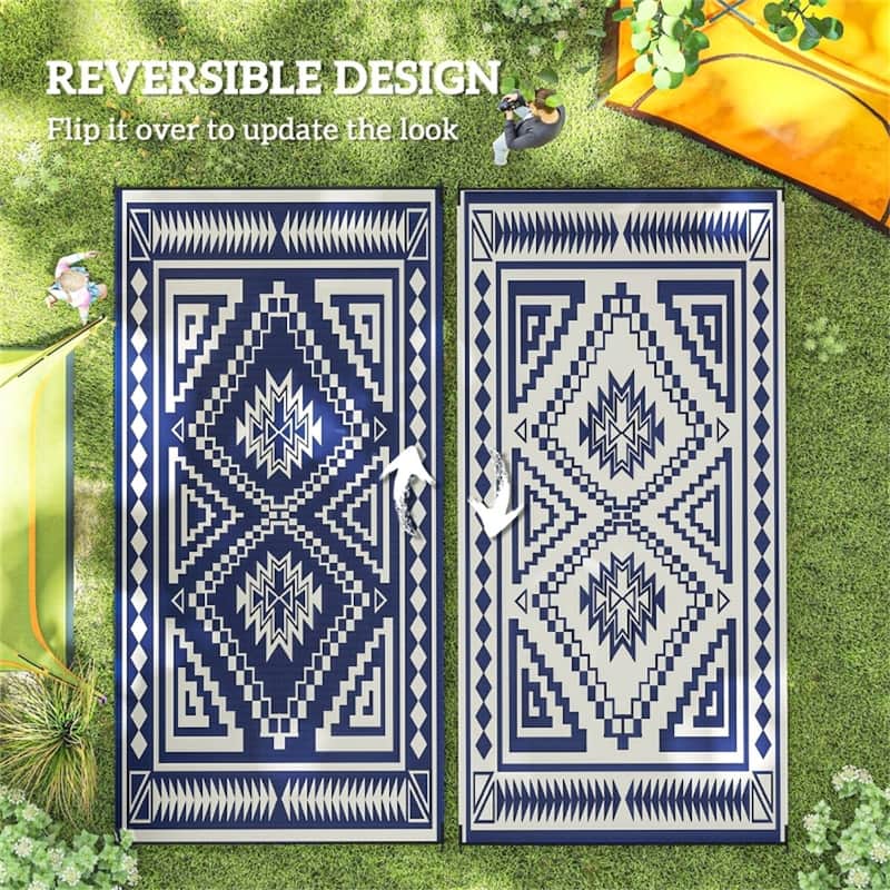 Reversible Outdoor Rug Square Patchwork, UV-Protected Foldable Polypropylene Mat with Carry Bag - : 215.7" L × 107.9" W