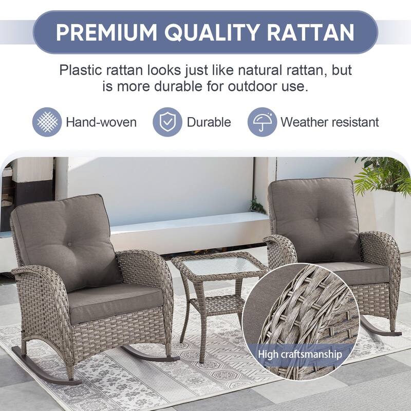 PlainCurve 3-Piece Wicker Outdoor Patio Conversation Set with Rocking Chairs and Olefin Cushions