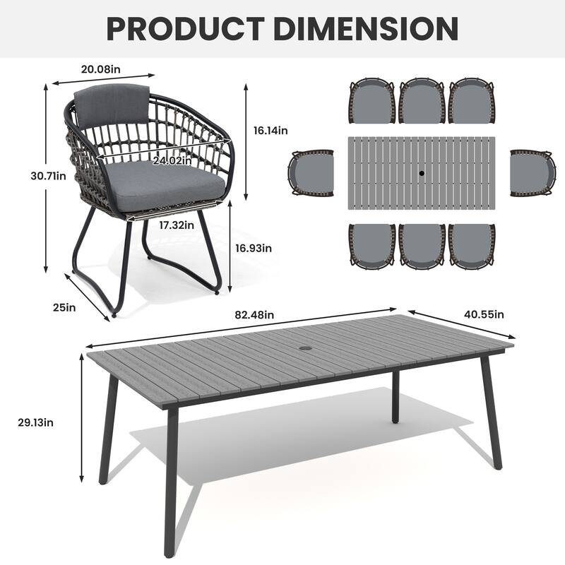 7/9-Piece Set Outdoor Patio Aluminum Dining Table and PE Rattan Wicker Dining Chairs