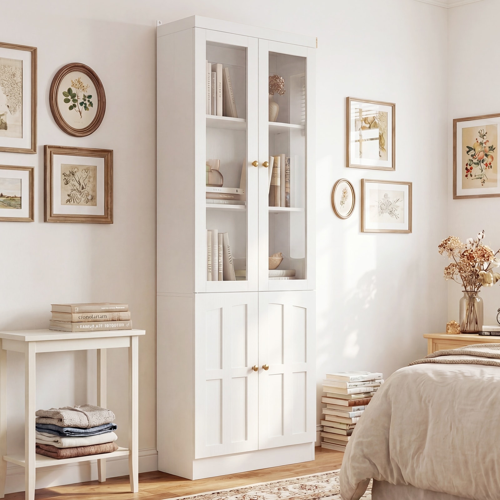 80" Tall Display Bookcase with Glass Doors & Wood Doors, Kitchen Pantry Storage Cabinet/ Dining Room Sideboard
