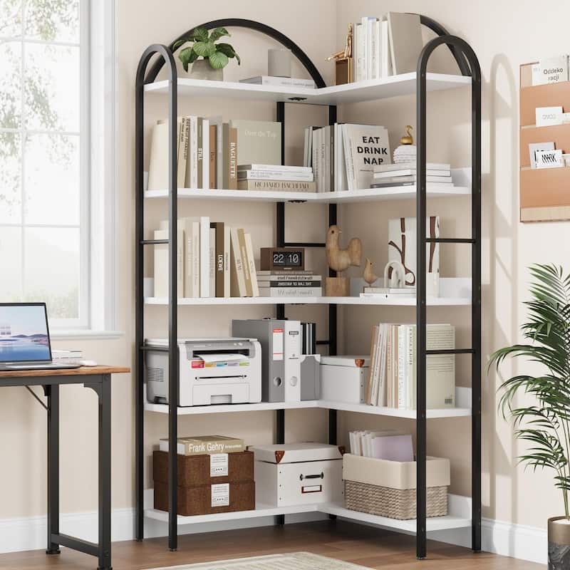 Corner Bookshelf, 5-Tier L-Shaped Modern Bookcase, Industrial Bookcase - White