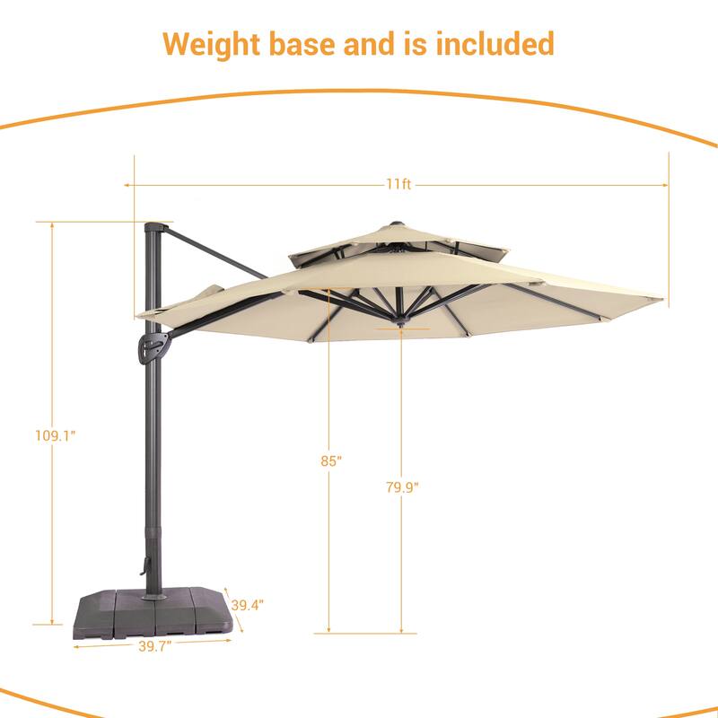 LIVOOSUN 11Ft Double Top Patio Hanging Octagon Cantilever Umbrella with 360-degree Rotating Canopy, Red