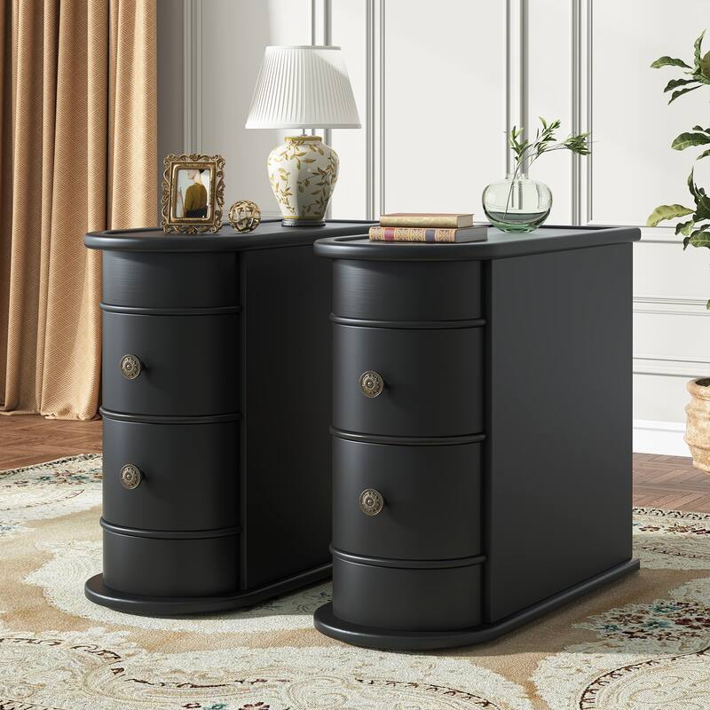 Wood End Table, Slim Sofa Side Table with Storage - 2 pcs - Black
