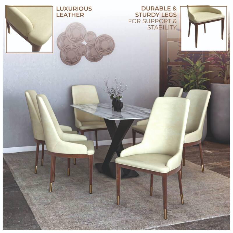 Dining Chair Upholstered in Leather with Rubberwood Frame Set of 2 Side Chair High Back and Gold Accent Legs
