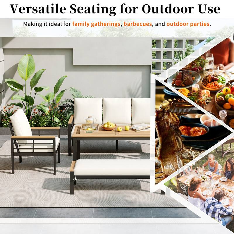 Outdoor 5-Piece Iron Conversation Sofa Set with Coffee Table & Bench