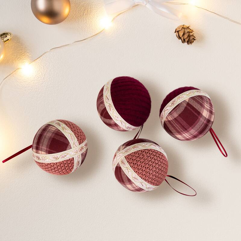 Plaid and Knitted Christmas Ball Ornaments - 3.5" - Maroon and Ivory - Set of 4