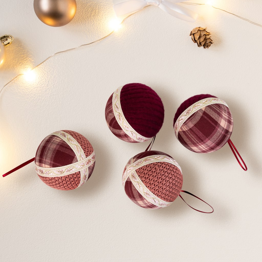 Plaid and Knitted Christmas Ball Ornaments - 3.5" - Maroon and Ivory - Set of 4