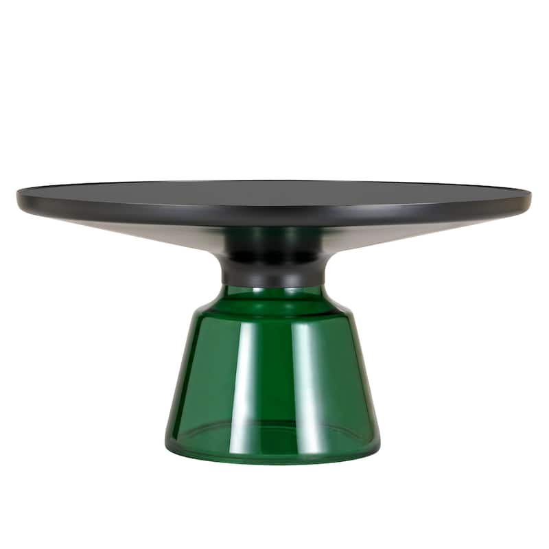 30-Inch Round Coffee Table Glass/Stone Tabletop with Black Iron Rim Frame Glass Pedestal Base