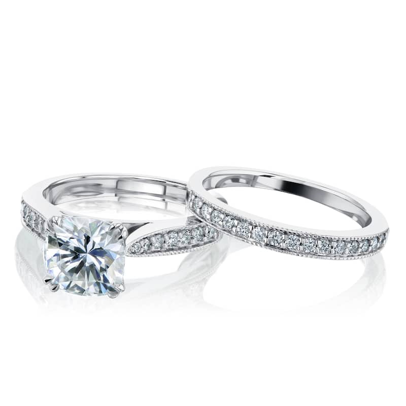 Kobelli 2.33 Carats Moissanite & Natural Diamond Solid 14k White Gold Antique Style Sophie 2pc Bridal Set