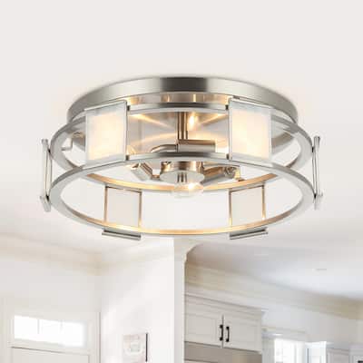 Modern Satin Nikel Frosted Glass Flush Mount 3-Light Ceiling Light - 15" W x 4.7" H