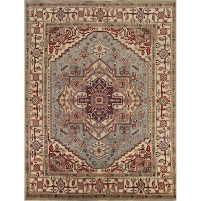 Hand Knotted Oriental 100% Wool Carpet Traditional Medallion Navy Blue & Blues Heriz (serapi) Area Rug - 9' 9'' X 7' 11''
