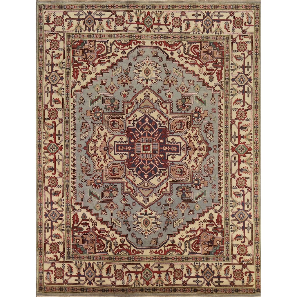 Hand Knotted Oriental 100% Wool Carpet Traditional Medallion Navy Blue & Blues Heriz (serapi) Area Rug - 9' 9'' X 7' 11''