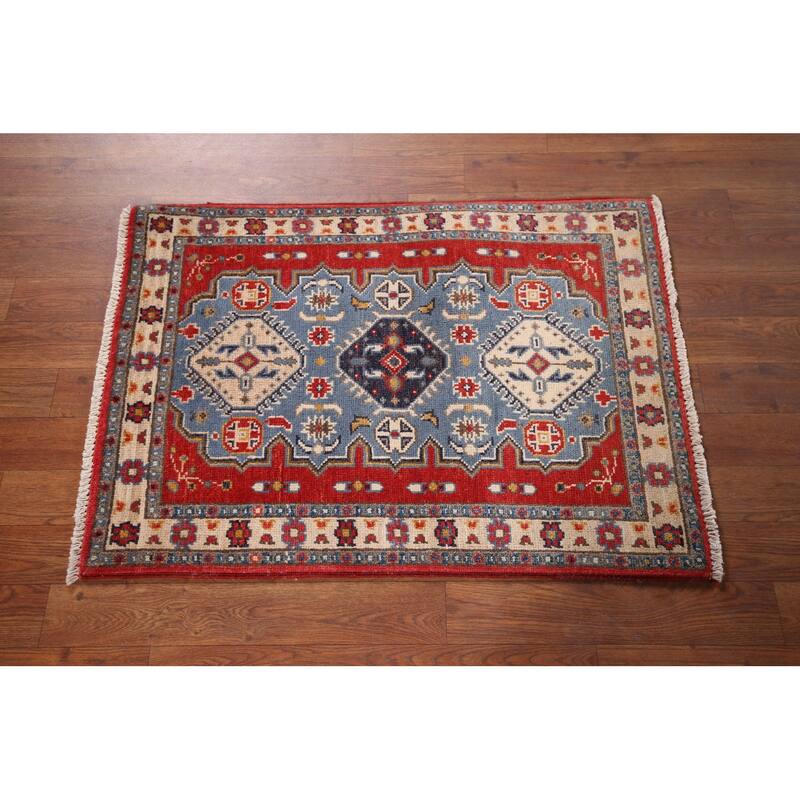 Blue Geometric Kazak Foyer Rug Handmade Traditional Wool Carpet - 2'1" x 2'11"